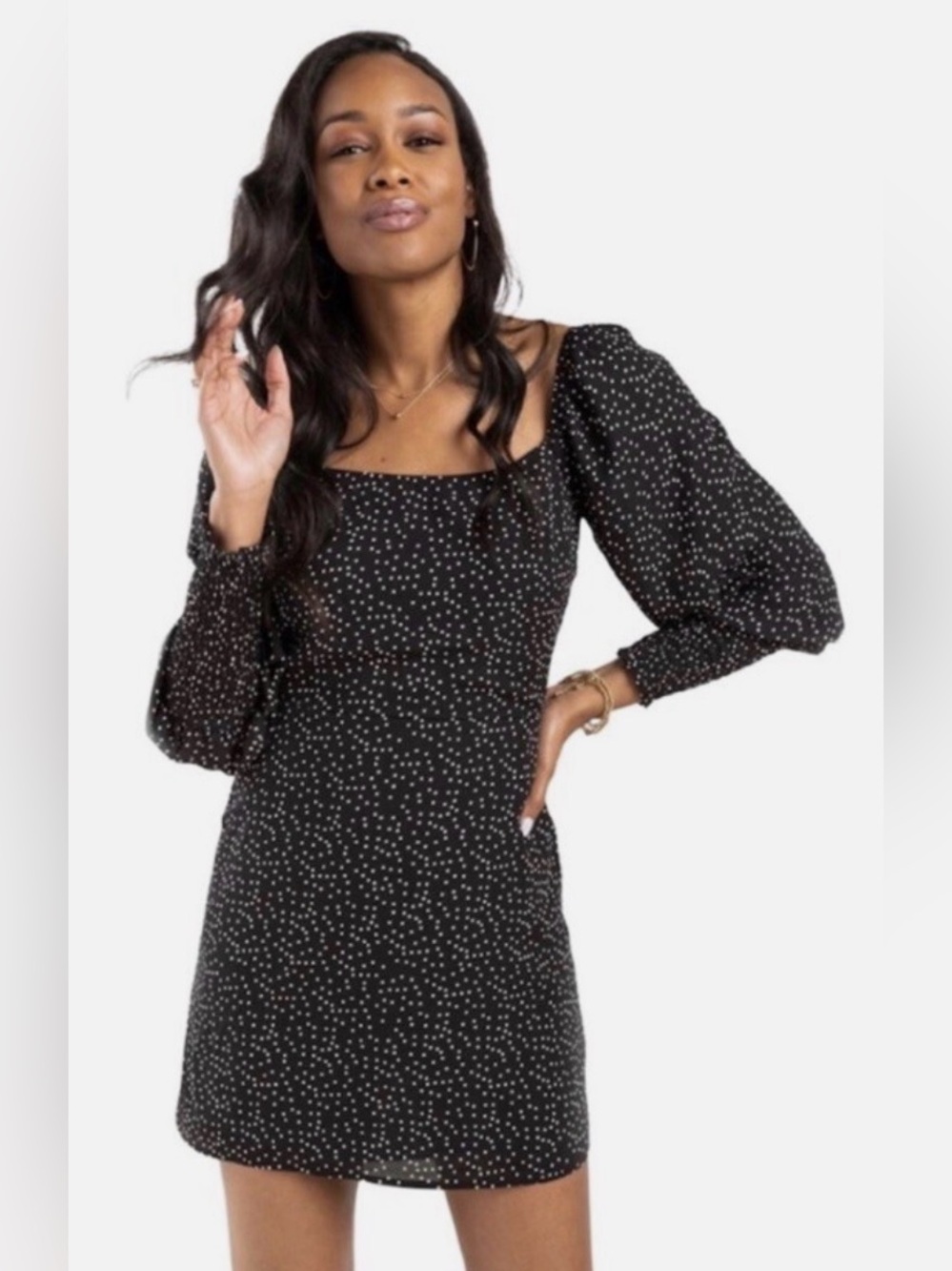 Francesca's Collections Black Mini Dress with White Dot Print